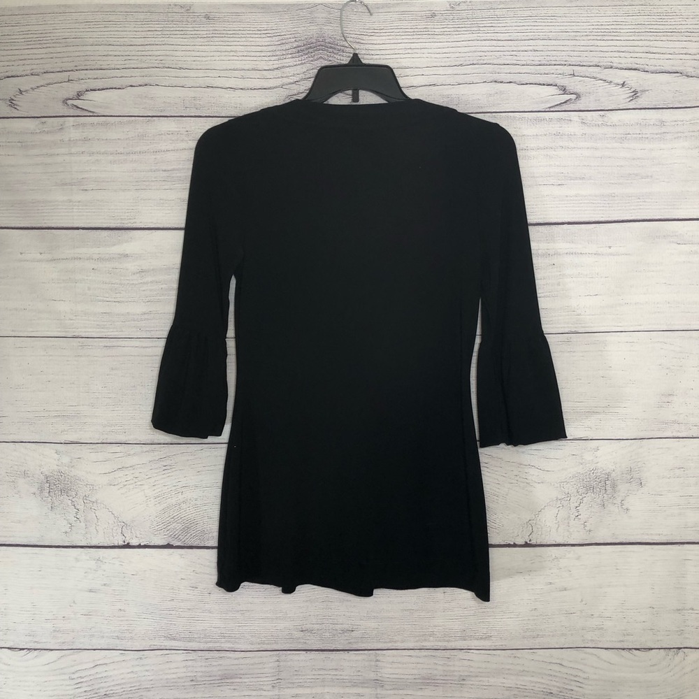 White House Black Market Black Blouse Top with Juliet Trumpet Sleeves Sz Sm - Picture 7 of 7